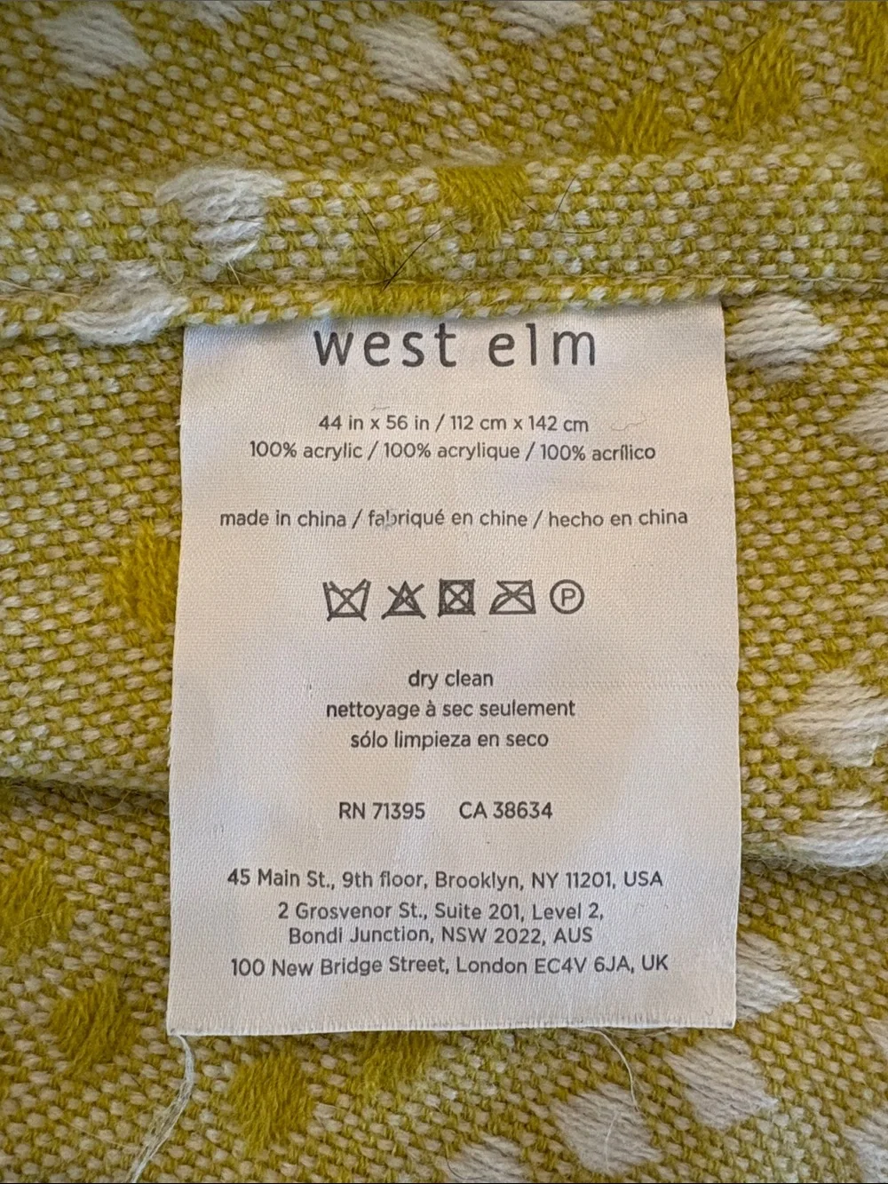 West Elm Geometric Textured Knit Fringe Throw Blanket Boho Yellow 44